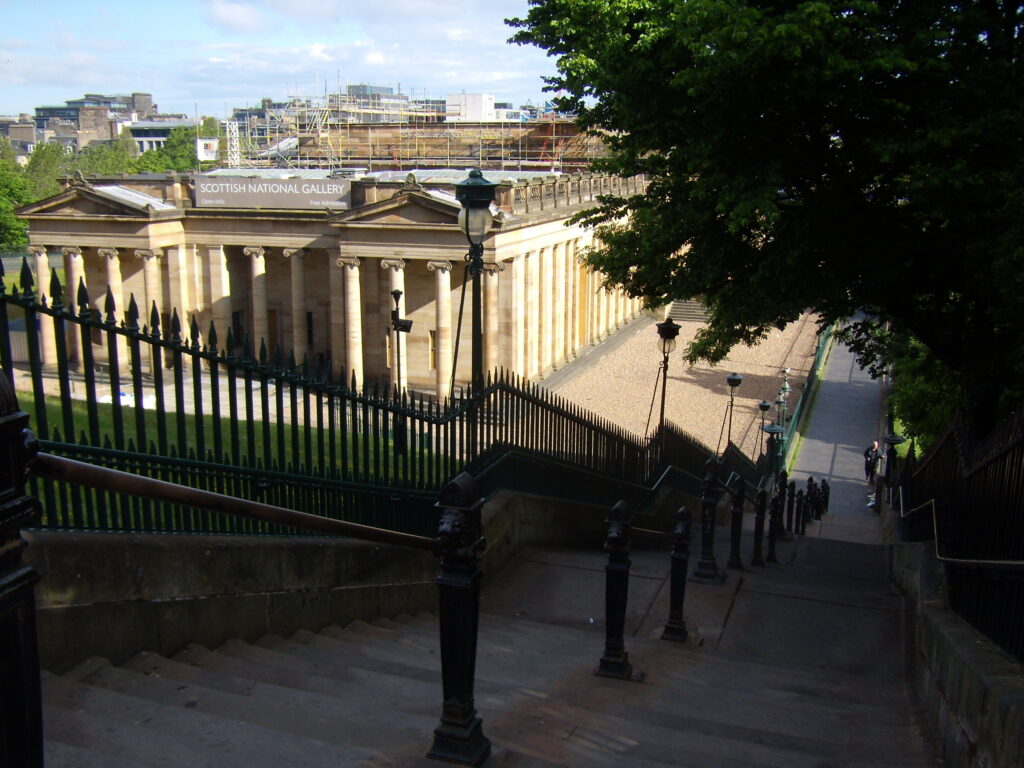 View from Playfair Steps overlooking the Scottish National Gallery, 2025.